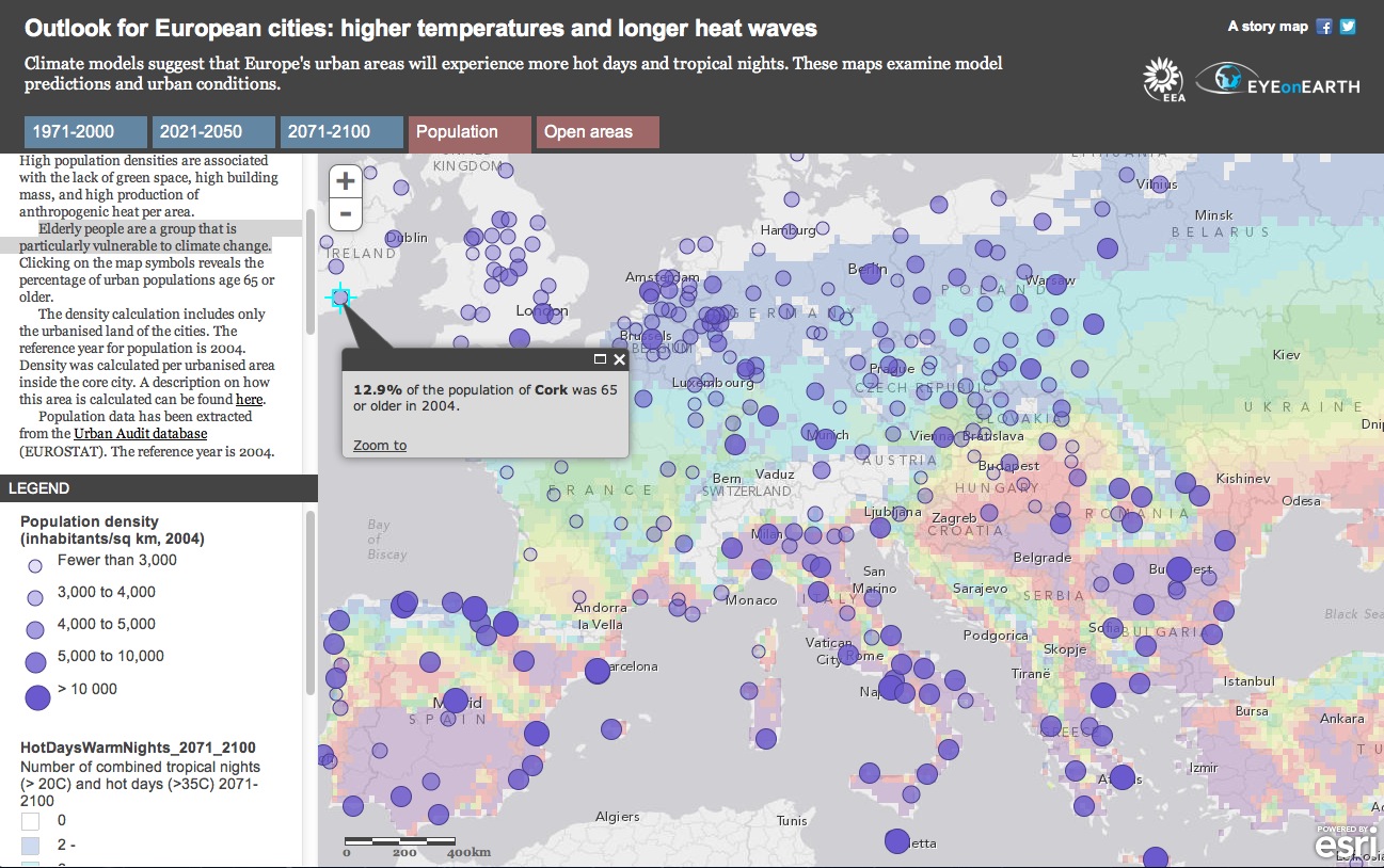 Story Map coupling climate model predictions of hot days and warms nights with population density throughout Europe. Given that elderly people are particularly vulnerable to climate change, clicking on a map symbol shows what percentage of the population was 65 or older in 2004.